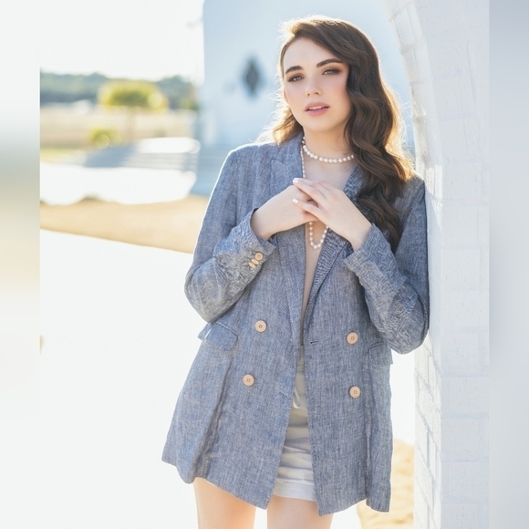 MNG Casual Double Breasted Linen Blazer Blue S preppy summer business casual - Picture 2 of 10